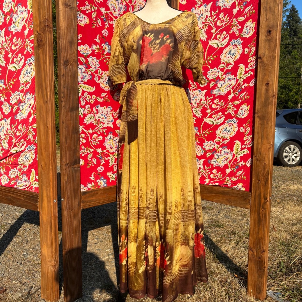 Gold+Brown Bohemian Waist Tie Flowy 3/4 Sleeve Maxi Dress Size L